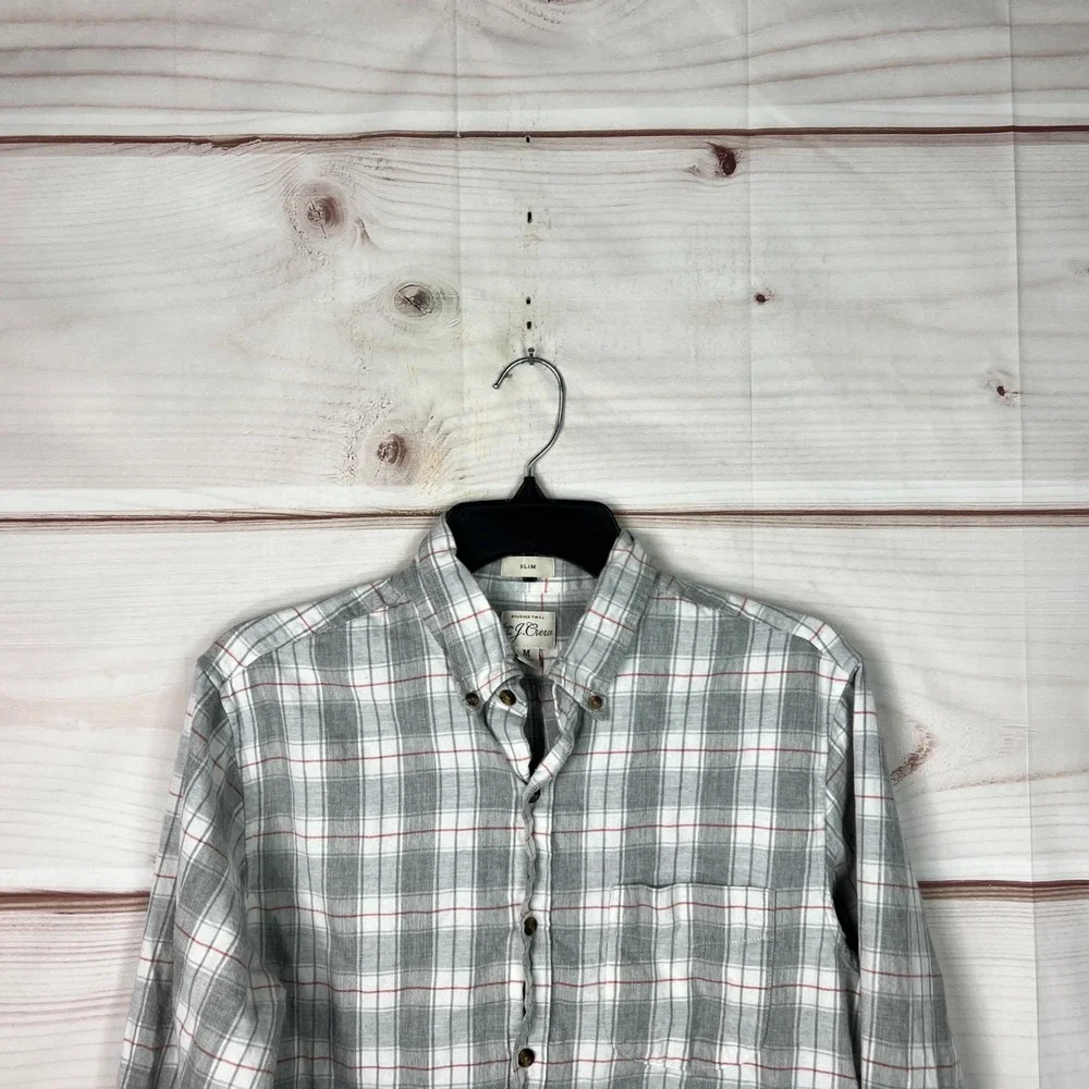 J Crew Shirt Mens M Gray Brushed Twill Button Up Cotton Plaid Slim Fit Cotton